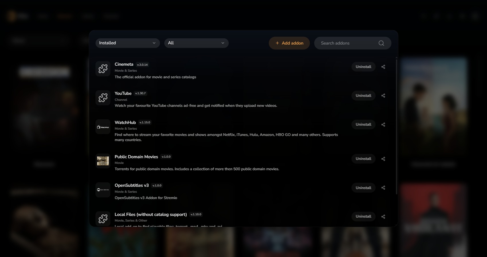 Rillio's add-on manager showing installed catalog and subtitle add-ons