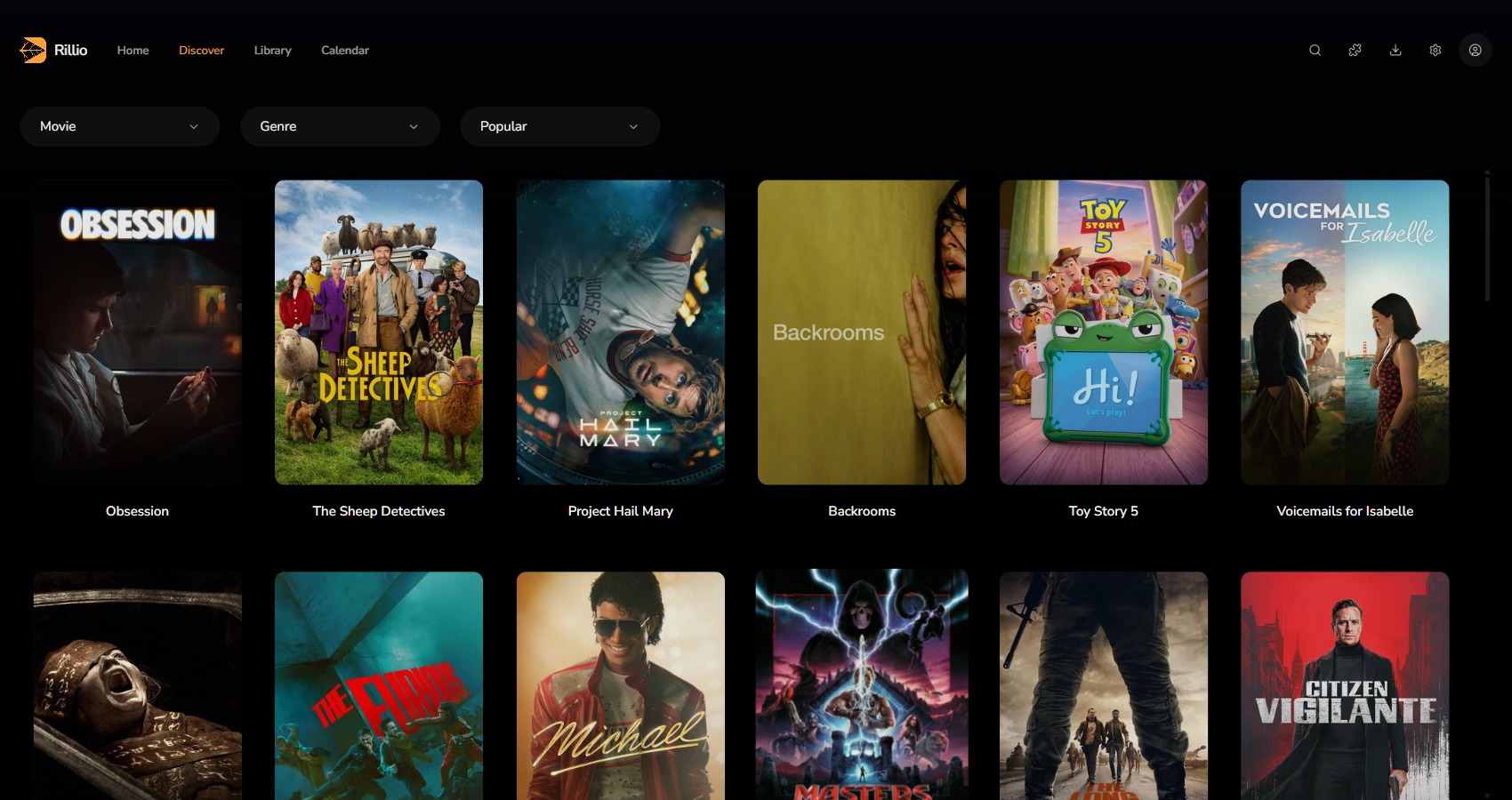 Rillio's Discover view with filters and a movie catalog