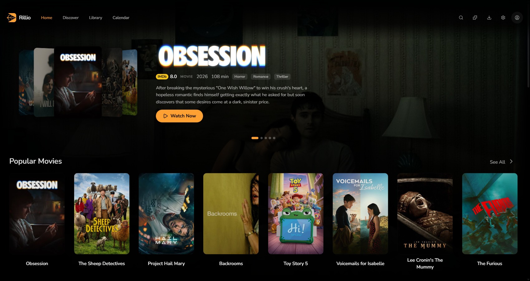 The Rillio home view with a featured title and popular movies
